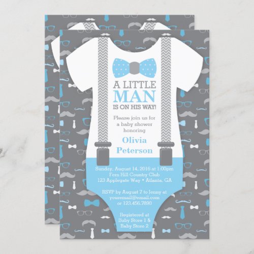 Little Man Baby Shower Invitation Baby Blue Gray Invitation