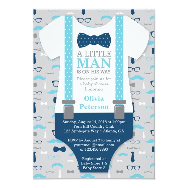 Little Man Baby Shower Invitation, Baby Blue, Navy Card