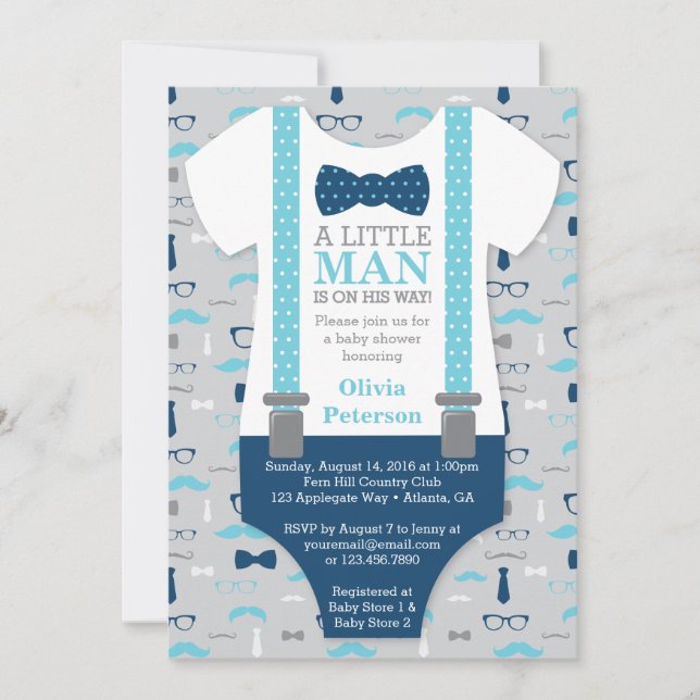 Little Man Baby Shower Invitation, Baby Blue, Navy Invitation (Front)