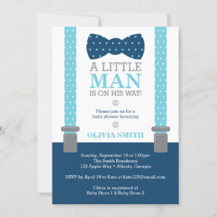 Little Man Baby Shower Invitation, Baby Blue, Navy Invitation