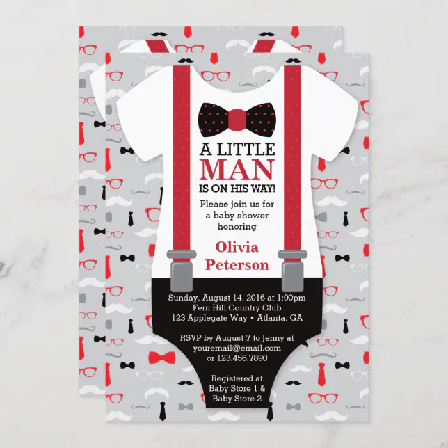 Little Man Baby Shower Invitation, Black, Red Invitation 