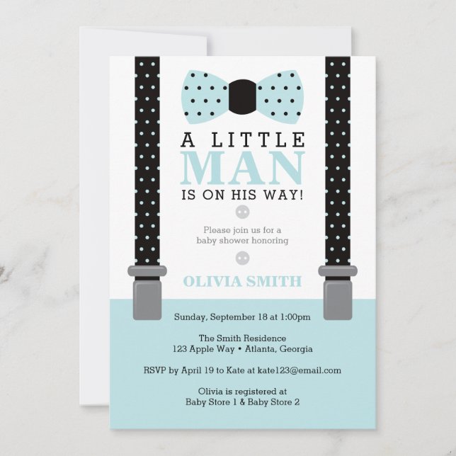 Little Man Baby Shower Invitation, Blue, Black Invitation (Front)