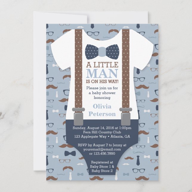 Little Man Baby Shower Invitation, Blue, Brown Invitation (Front)