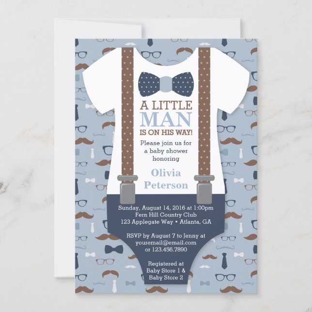 Little Man Baby Shower Invitation, Blue, Brown Invitation (Front)
