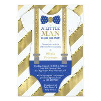 Little Man Baby Shower Invitation, Blue, Faux Gold Card
