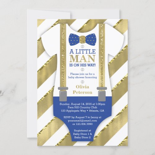 Little Man Baby Shower Invitation Blue Faux Gold Invitation