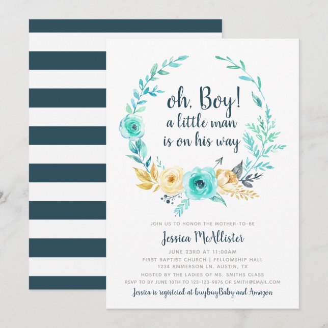 Little Man Baby Shower Invitation Blue Gray Card (Front/Back)