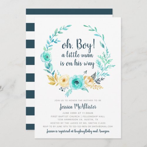 Little Man Baby Shower Invitation Blue Gray Card