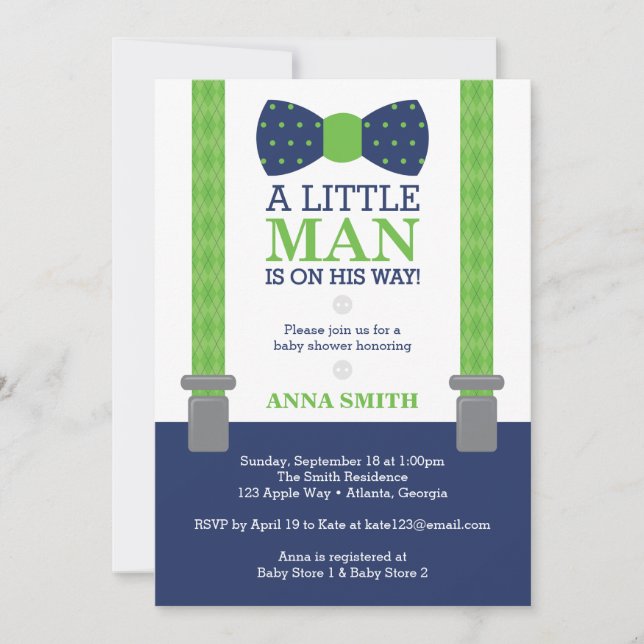 Little Man Baby Shower Invitation, Blue, Green Invitation (Front)