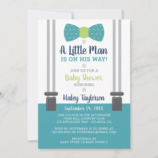 Little Man Baby Shower Invitation, Blue, Green Invitation (Front)