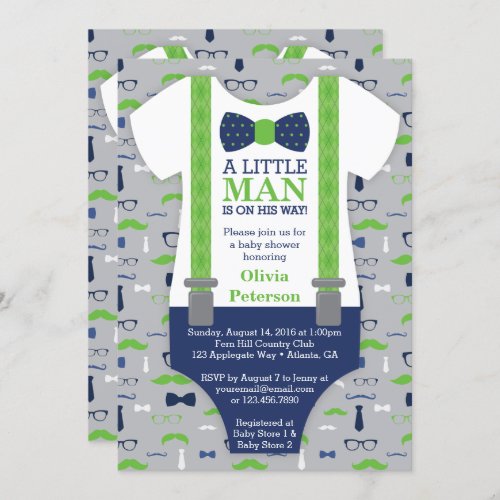 Little Man Baby Shower Invitation Blue Green Invitation