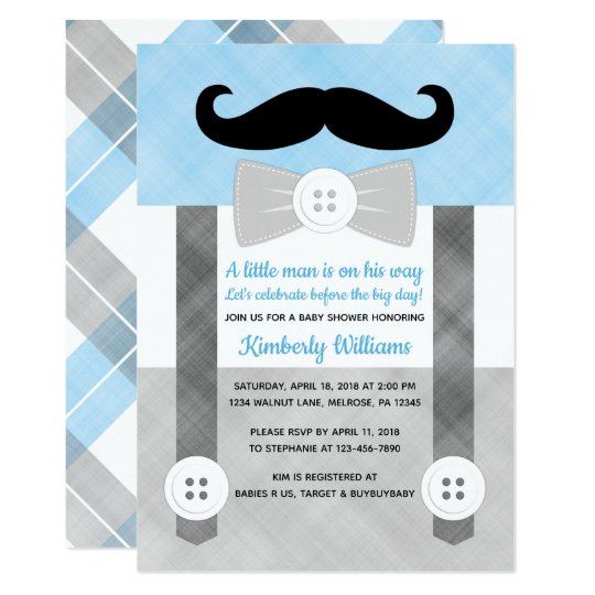 Little Man Baby Shower Invitation Boy Plaid Blue Zazzle Com