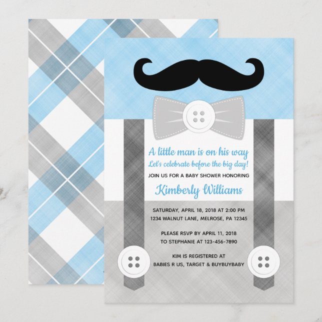 Little man baby shower invitation boy plaid blue (Front/Back)