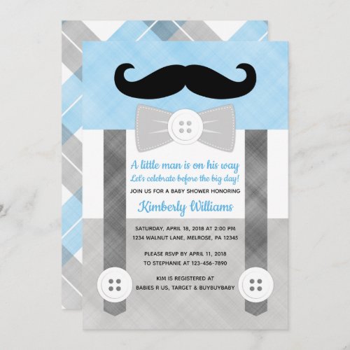 Little man baby shower invitation boy plaid blue