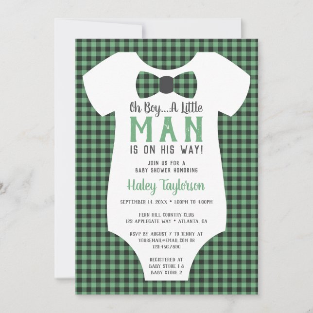 Little Man Baby Shower Invitation, Buffalo Plaid Invitation (Front)