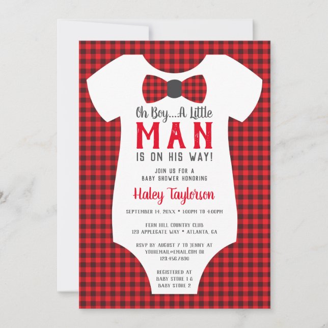 Little Man Baby Shower Invitation, Buffalo Plaid Invitation (Front)