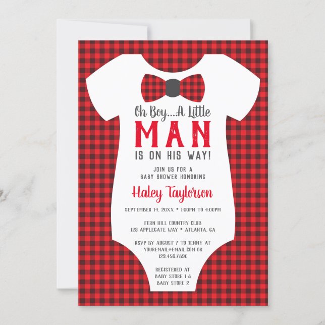 Little Man Baby Shower Invitation, Buffalo Plaid Invitation (Front)