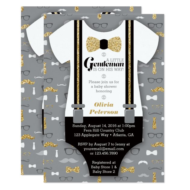 Little Man Baby Shower Invitation, Faux Glitter Card