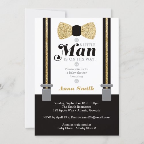 Little Man Baby Shower Invitation Faux Glitter Invitation