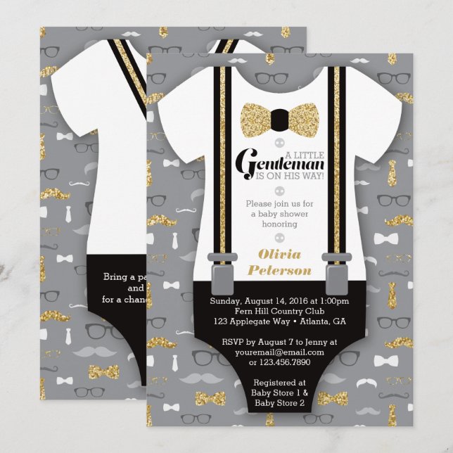 Little Man Baby Shower Invitation, Faux Glitter Invitation (Front/Back)