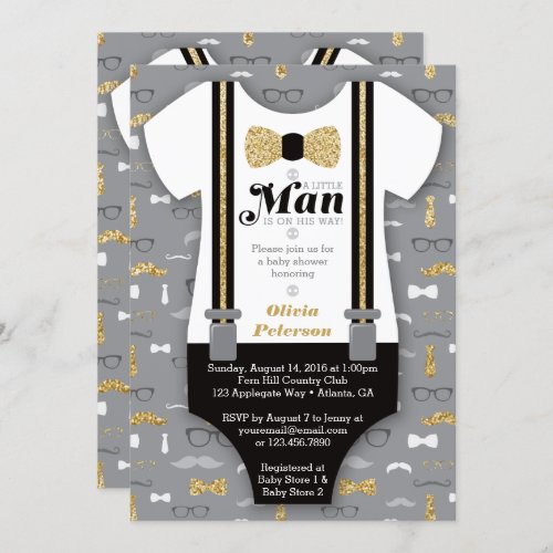 Little Man Baby Shower Invitation Faux Glitter Invitation