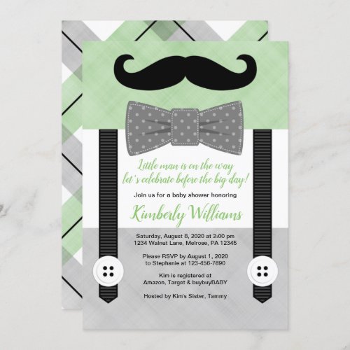 Little man baby shower invitation green bowtie