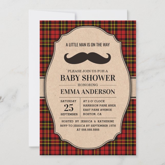 Little Man Baby Shower Invitation - Mustache Plaid (Front)