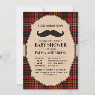 Little Man Baby Shower Invitation - Mustache Plaid