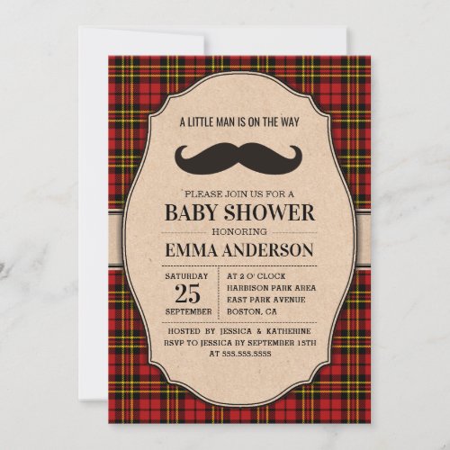 Little Man Baby Shower Invitation _ Mustache Plaid