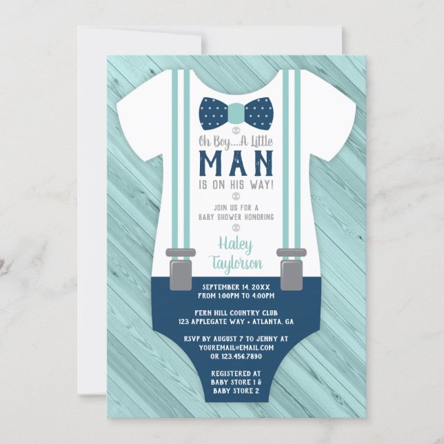 Little Man Baby Shower Invitation, Navy Blue, Aqua Invitation (Front)