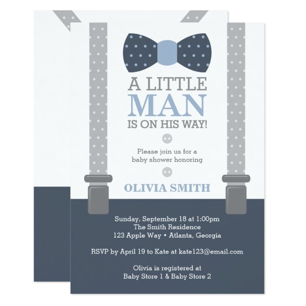 Little Man Baby Shower Invitation, Navy Blue, Gray Card