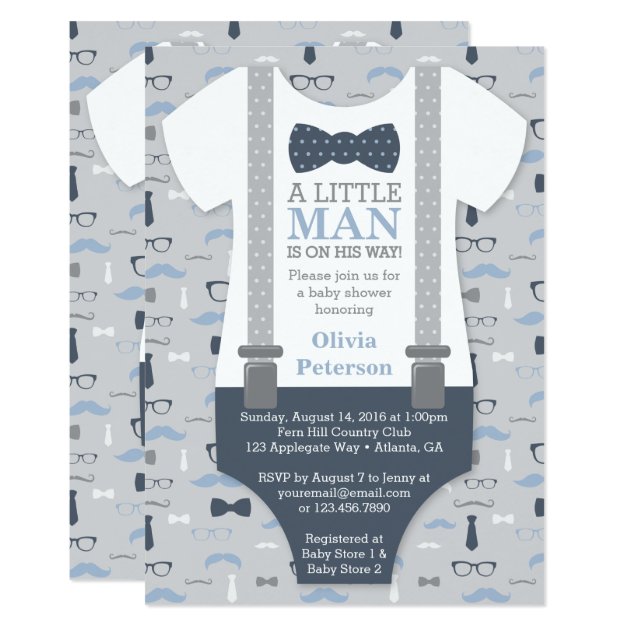 Little Man Baby Shower Invitation, Navy Blue, Gray Card