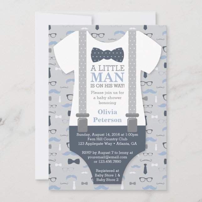 Little Man Baby Shower Invitation, Navy Blue, Gray Invitation (Front)