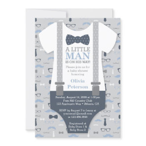 Little Man Baby Shower Invitation, Navy Blue, Gray Invitation