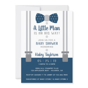 Little Man Baby Shower Invitation, Navy Blue, Gray Invitation