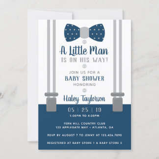 Little Man Baby Shower Invitation, Navy Blue, Gray Invitation