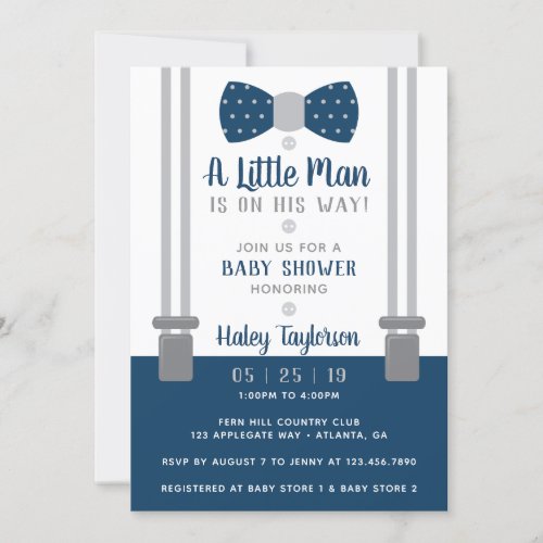 Little Man Baby Shower Invitation Navy Blue Gray Invitation