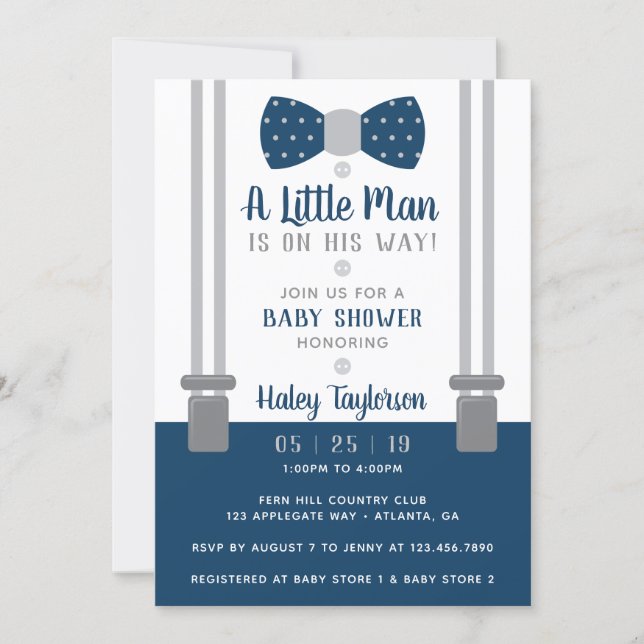 Little Man Baby Shower Invitation, Navy Blue, Gray Invitation (Front)