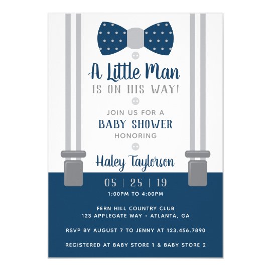 Little Man Baby Shower Invitation Navy Blue Gray Invitation