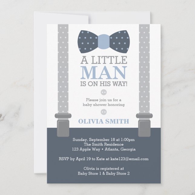 Little Man Baby Shower Invitation, Navy Blue, Gray Invitation (Front)
