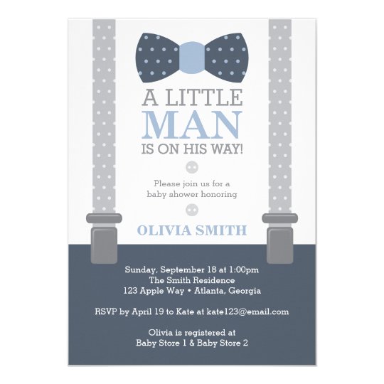 Little Man Baby Shower Invitation Navy Blue Gray Invitation