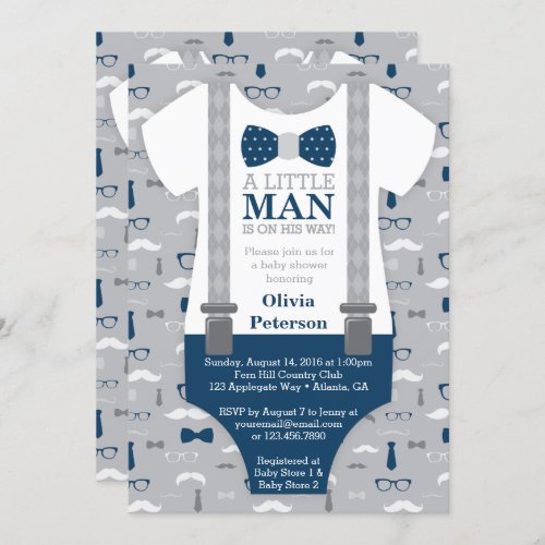 Little Man Baby Shower Invitation Navy Blue Gray Invitation