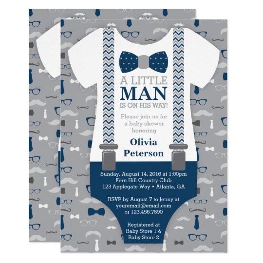 Little Man Baby Shower Invitation Navy Blue Gray Invitation