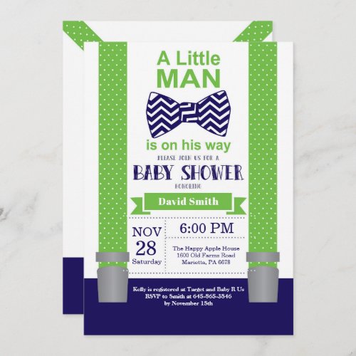 Little Man Baby Shower Invitation Navy Blue Green