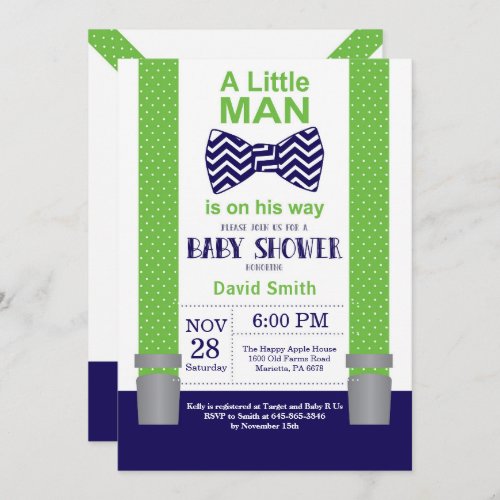 Little Man Baby Shower Invitation Navy Blue Green