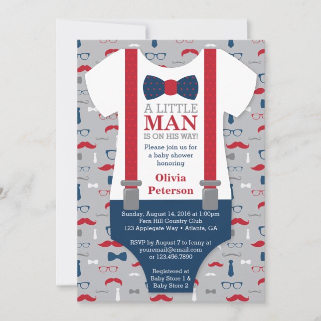 Little Man Baby Shower Invitation, Navy Blue, Red Invitation (Front)