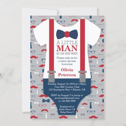 Little Man Baby Shower Invitation Navy Blue Red Invitation