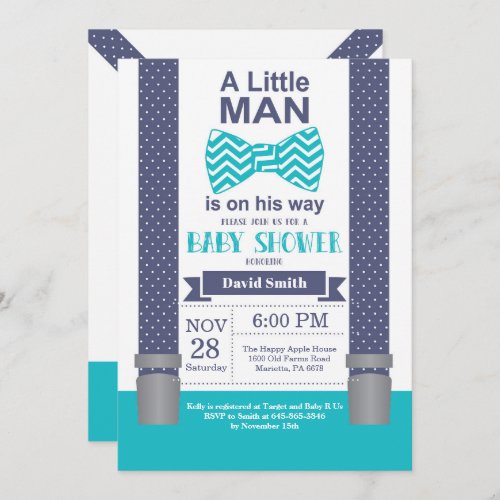 Little Man Baby Shower Invitation Navy Teal Aqua