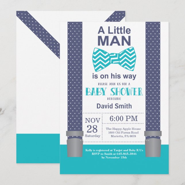 Little Man Baby Shower Invitation Navy Teal Aqua (Front/Back)