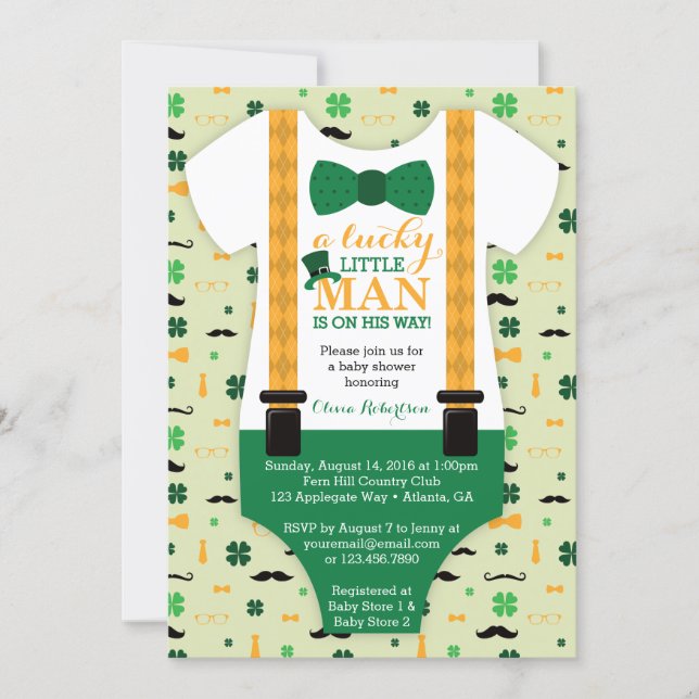Little Man Baby Shower Invitation, St Patricks Day Invitation (Front)